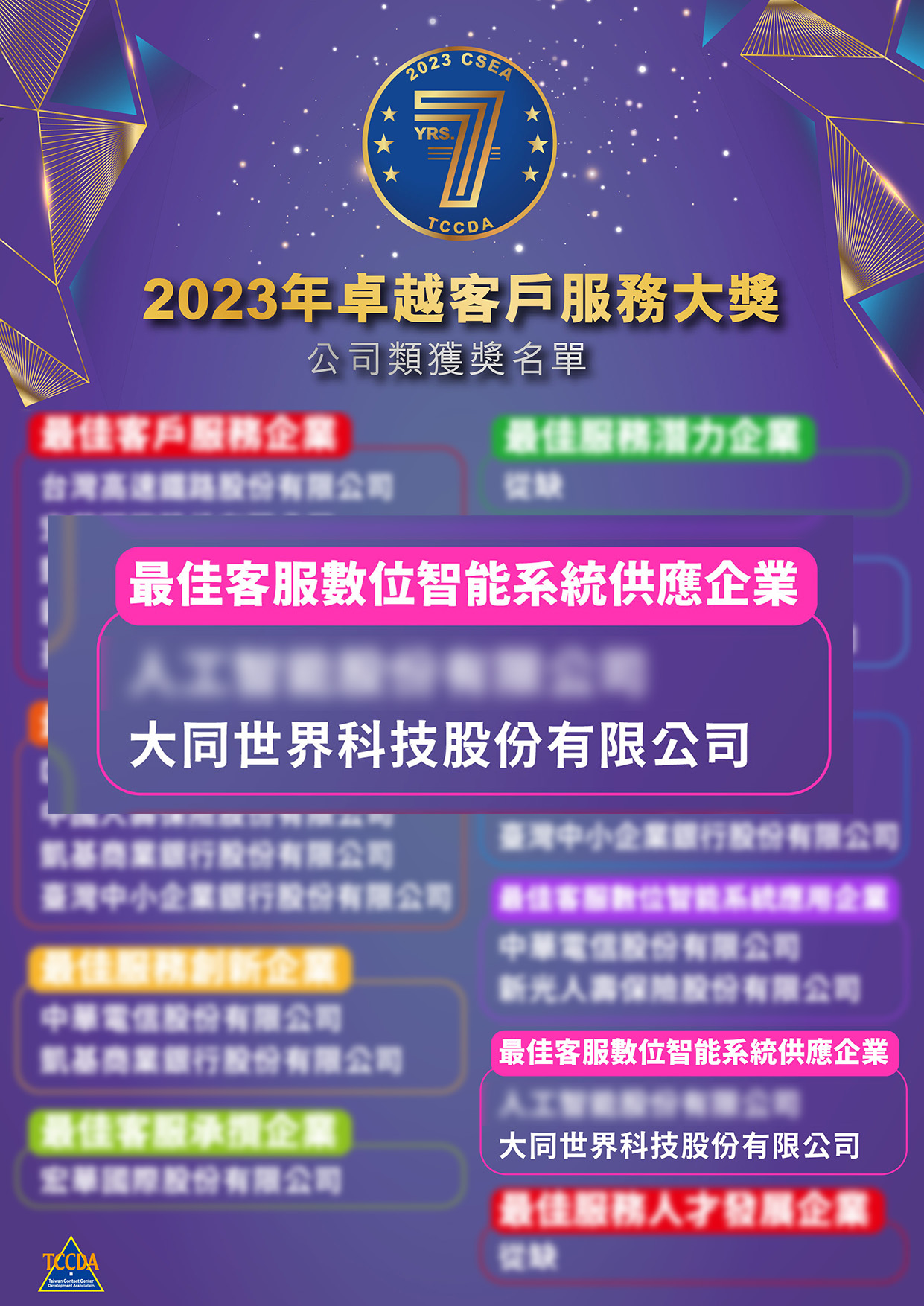 2023 CSEA 卓越凤凰彩票服務大獎獲獎名單公布囉！  最佳客服數位智能系統供應企業 大同世界科技股份有限凤凰彩票